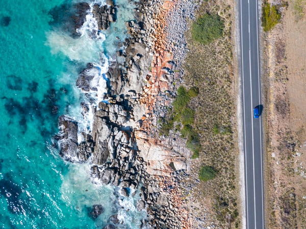 Car drives along the east coast of Tasmania