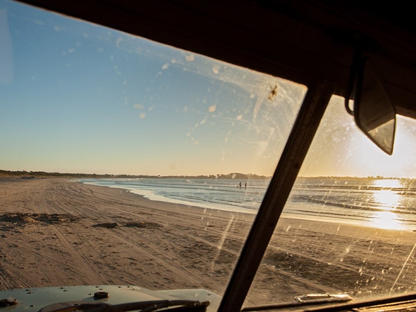 Millie Brown - view from inside the Land Rover on Long Beach in Robe