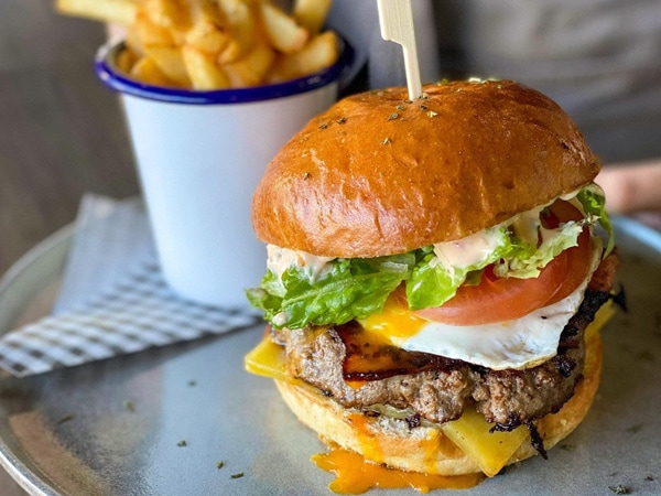 a caramelised beef burger with fries at Nalou Kitchen, Mount Gambier