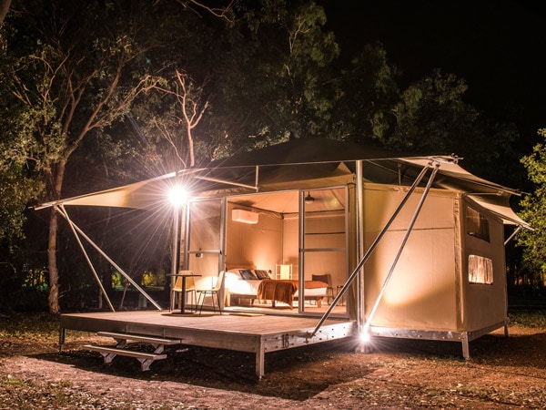 a Cooinda Outback Retreat glamping tent at night
