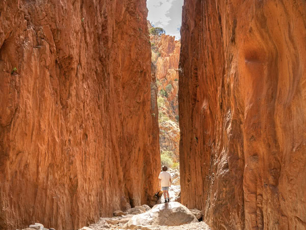 a man standing between the towering red cliffs at Standley Chasm