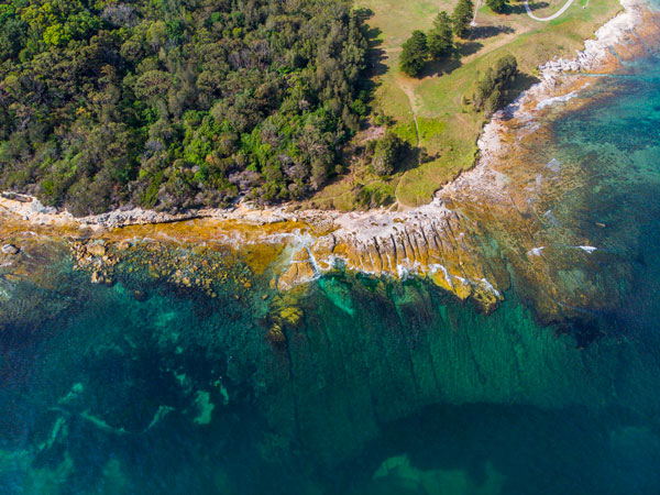 an aerial view overlooking Kamay Botany Bay National Park, Kurnell in Sydney's south