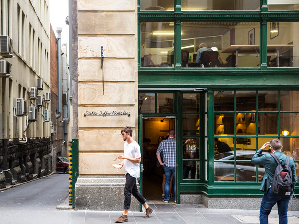 people standing outside Dukes Coffee Roasters, Flinders Lane, Melbourne