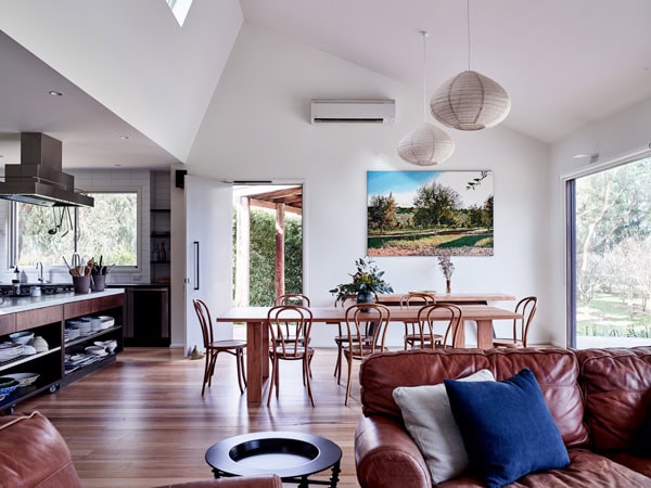 a look inside the dining and living room at Hart’s Farm in Mornington Peninsula