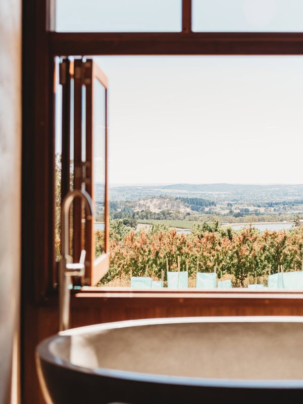 Views from the window above the freestanding bathtub at Basalt