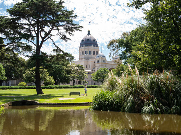 lush greenery in front of the Royal Exhibition Building, Melbourne