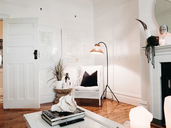 the whitewashed living room interior of The White Place, Orange