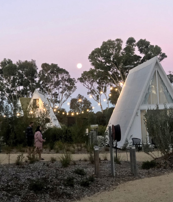 Esperance Chalet Village at dusk.