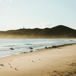surfers at sunrise on Belongil Beach, Byron Bay