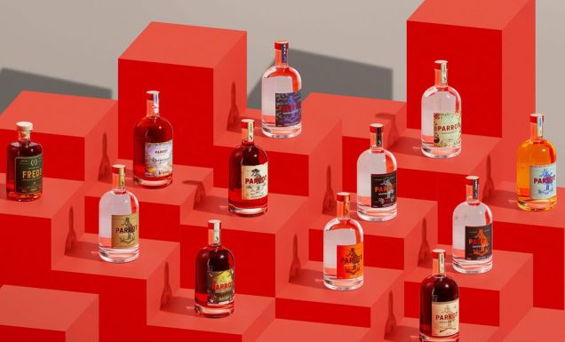 gins and spirits on red blocks at Parrot Distilling Co.