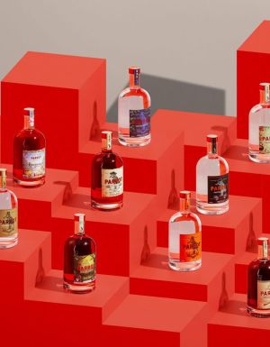 gins and spirits on red blocks at Parrot Distilling Co.