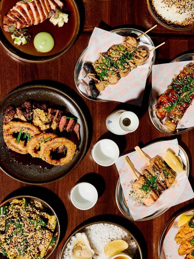 a spread of food at RUKI Robatayaki