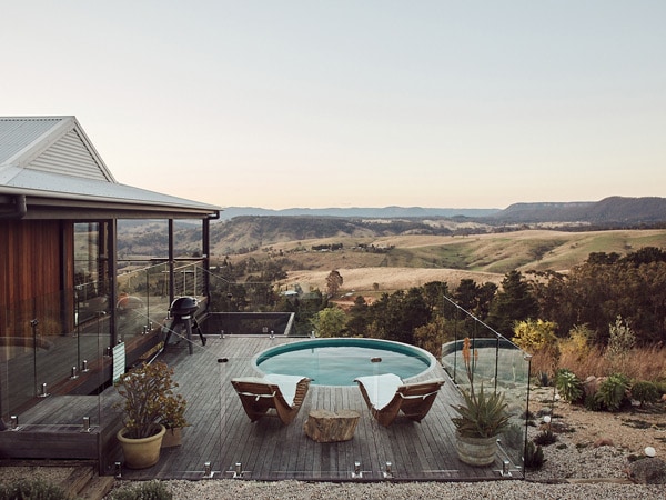 View of the pool deck at The Hilltop Cabin, Kanimbla Valley