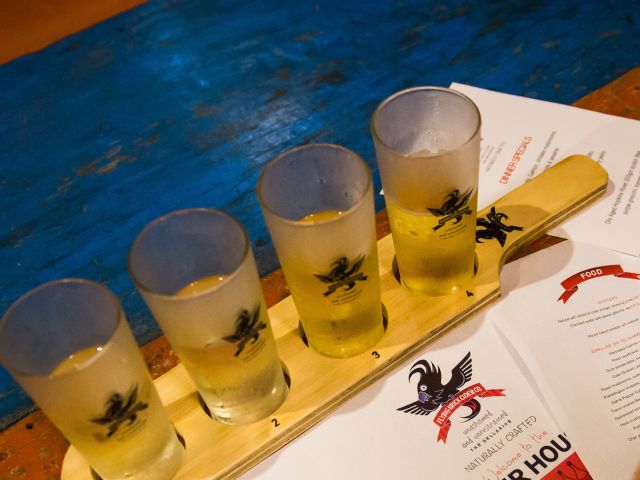 a cider tasting paddle at Flying Brick Cider Co.