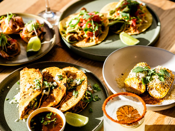 a close-up shot of Mexican food and drinks at Kelp San Remo