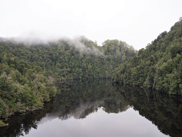 A tiny cloud hovers over the dark waters of Gordon River