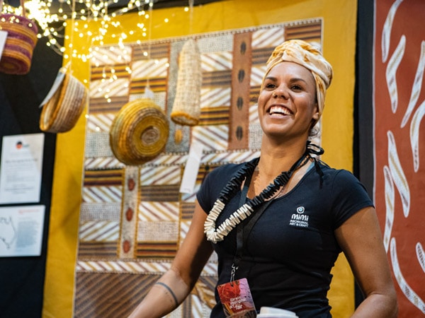 Cassandra Trevilyan-Hayes of Mimi Aboriginal Art & Craft at the 2019 Darwin Aboriginal Art Fair
