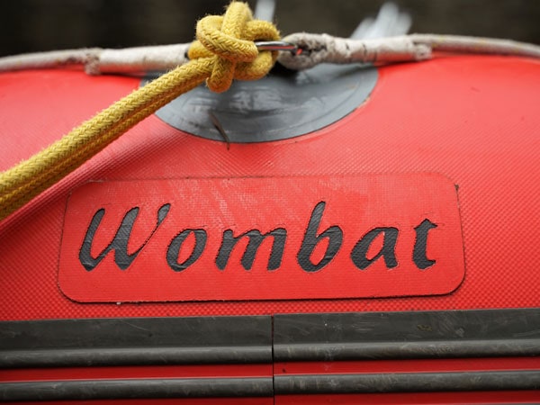 Close-up of a red raft named wombat