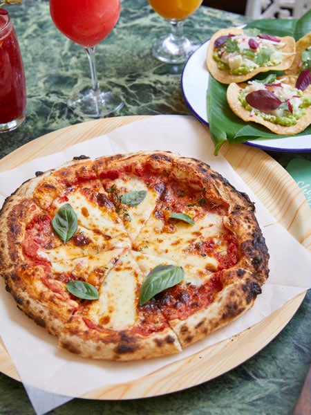 Pizza on a table at Shady Palms restaurant