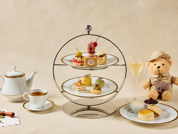 A high tea and a teddy bear.