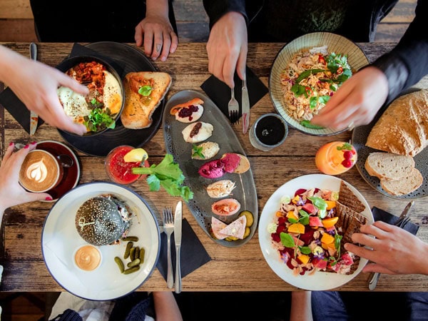 a table-top view of meals at Larder, Daylesford