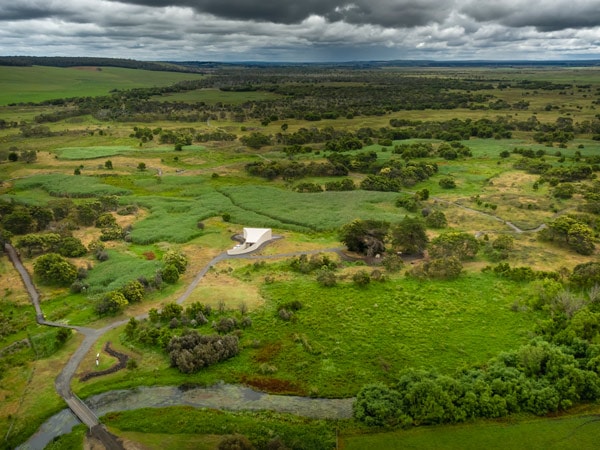 An aerial view of the Budj Bim Cultural Landscape. (Image: Artra Sartracom and Visit Victoria)