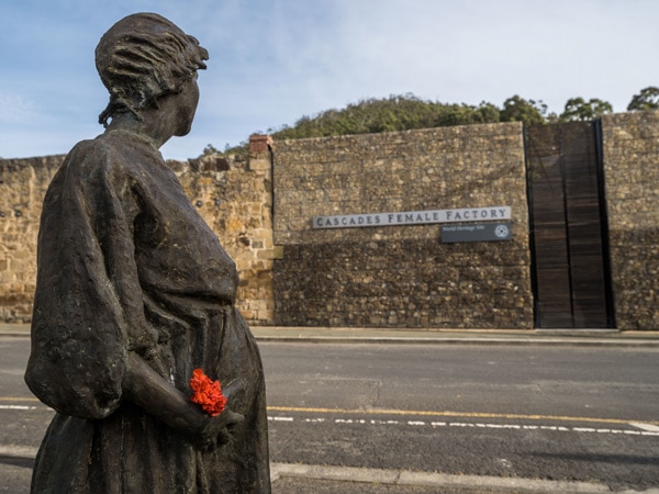 The statue of a pregnant woman out the front of Cascades Female Factory Historic Site in Hobart. Cascades Female Factory Historic Site, in South Hobart is included on the World Heritage List as one of the eleven sites that constitute the Australian Convict Sites. (Image: Alastair Bett)