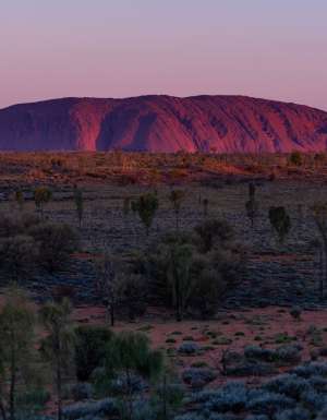 The sun sets over one of the great natural wonders of the world, Uluru towers above the surrounding landscape. (Image: Tourism NT/Che Chorley)