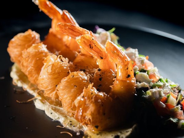 a close-up shot of a prawn dish at Thyme at the Lakes, Mount Gambier
