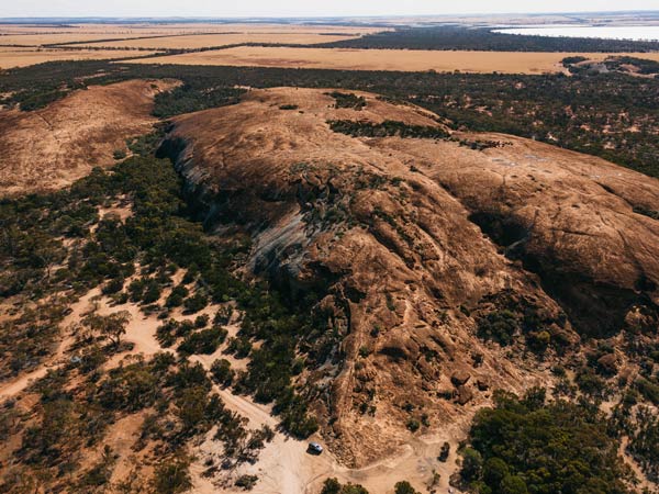 Aerial shot of Baladjie Rock, Golden Outback, Australia