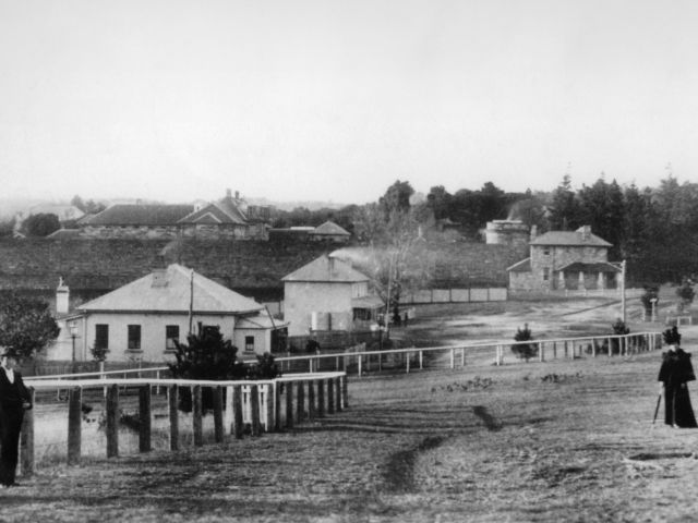 a black and white image of Berrima Village
