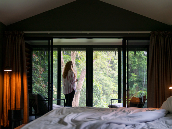 a woman looking out the window of her room at Daintree Ecolodge