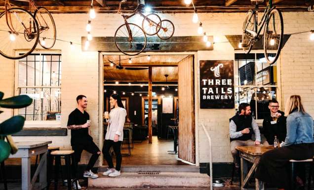 Patrons enjoying a drink at Three Tails Brewery