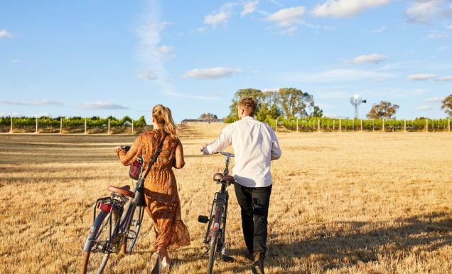 Couple cycling Mudgee vineyards with Tour De Vines