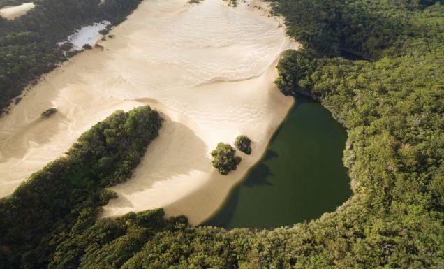 An aerial shot of Lake Wabby. (Image: Tourism and Events Queensland)