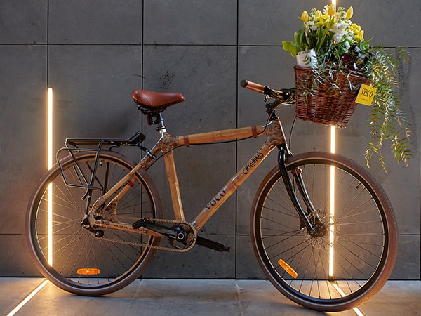 A bicycle with flowers in the basket leans against a gray wall