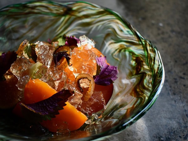 heirloom tomato, fig, shiso and dashi jelly at Omotenashi