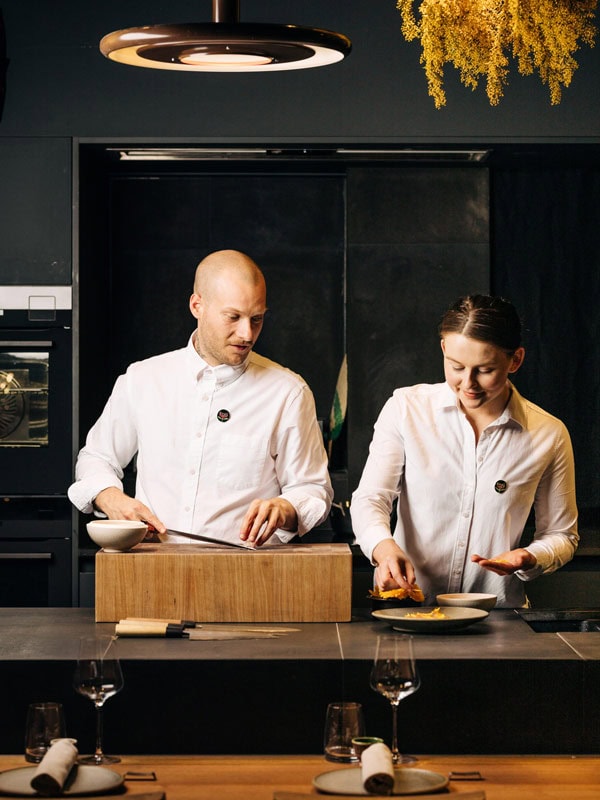 Chefs Lachlan Colwill and Sophie Pope in the kitchen at Omotenashi