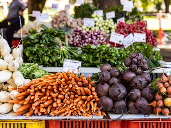 fresh produce on display at Salamanca Market, Hobart