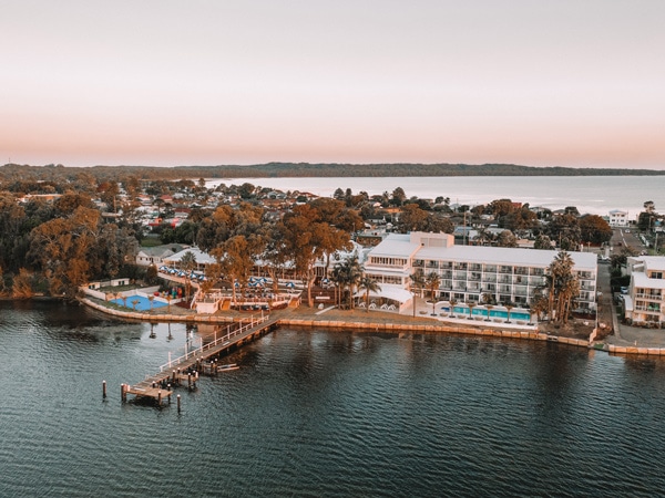 Aerial view of the Beachcomber Hotel & Resort in Central Coast, Australia