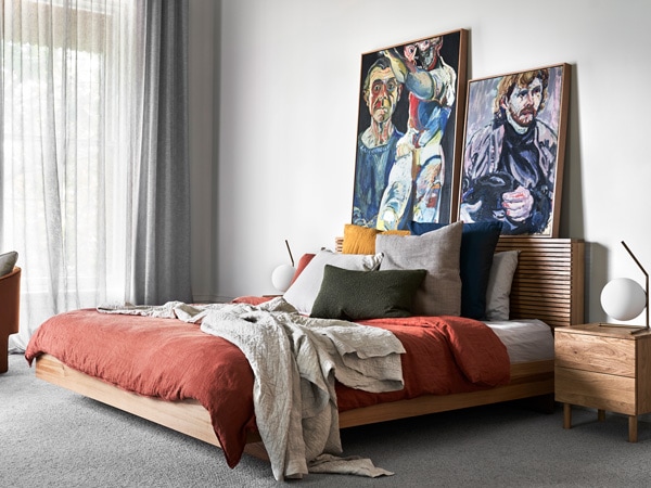 A wide shot of the guest bed at the Bendigo Ernest Hotel in Victoria, Australia