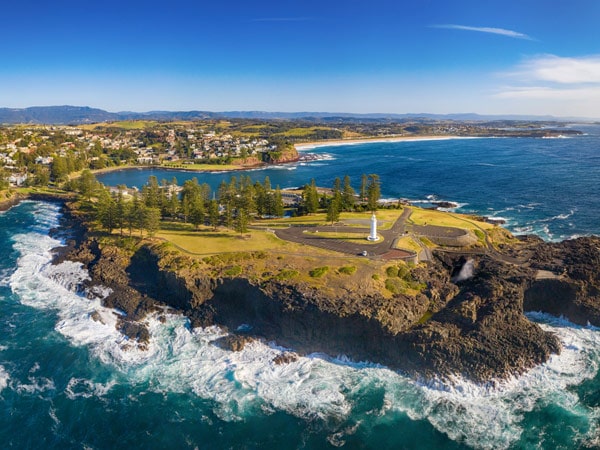 Aerial overlooking Kiama Blowhole Point, Kiama.