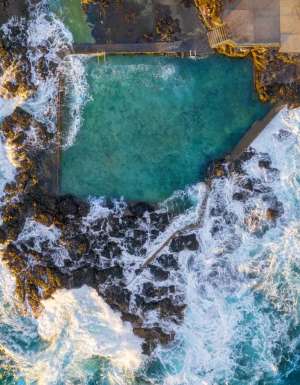 Aerial overlooking Blowhole Point Rock Pool, Kiama