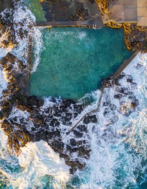 Aerial overlooking Blowhole Point Rock Pool, Kiama
