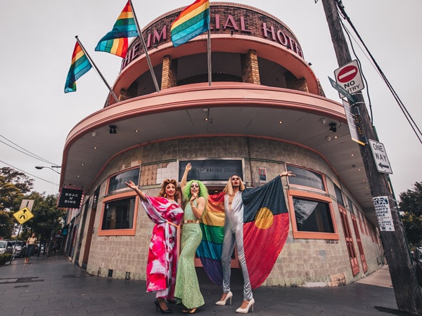 Exterior of the Imperial Erskineville, with drag queens out the front.