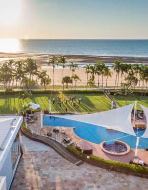 an aerial view of the beach and pool at Mindil Beach Casino Resort Darwin