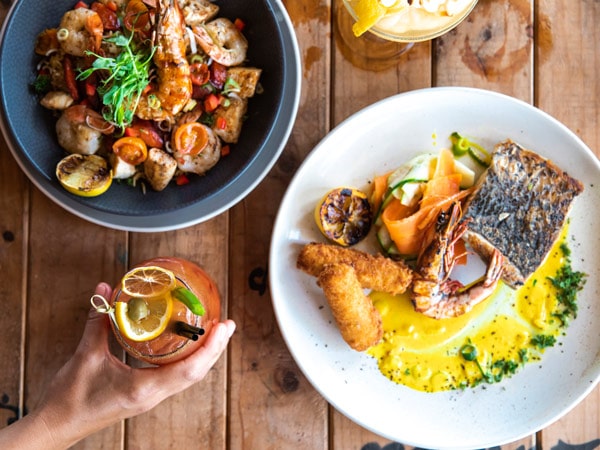 Gourmet dishes and cocktail.