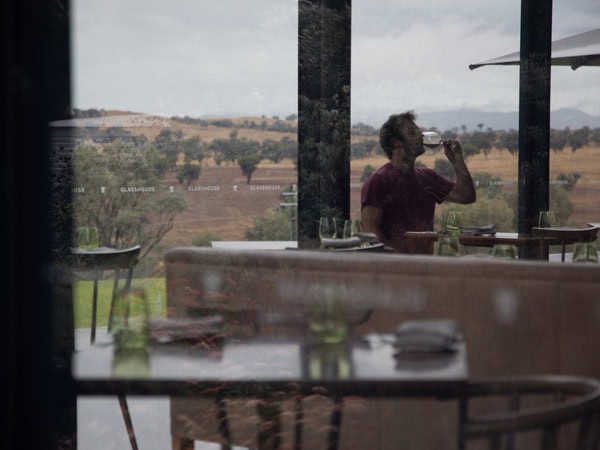 sipping wine at Goonoo Goonoo Station’s Glasshouse Restaurant, Tamworth