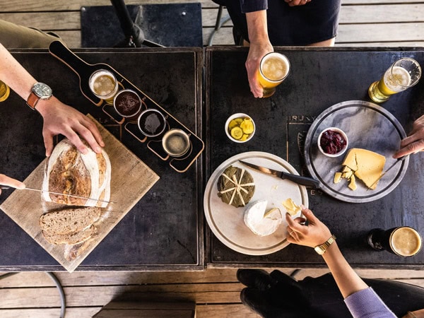 a table-top view of cheese platters at Bruny Island Cheese Company