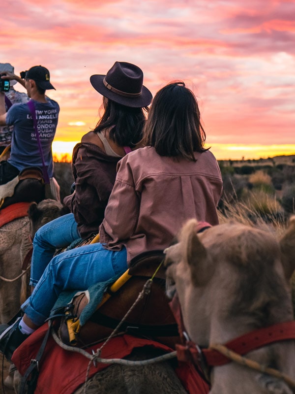 a group of tourists capturing the sunset while riding a camel